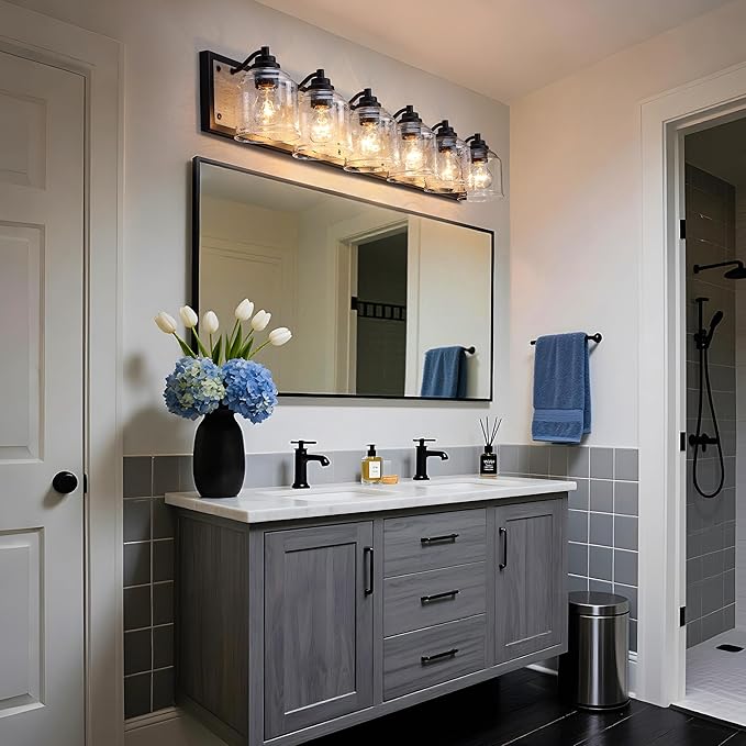 Vanity Lights for Bathroom Large 48 inch, Farmhouse Rustic Vanity Light with Bubble Glass Shades, Gray 6 Light Bathroom Lighting Fixtures Over Mirror, Bath Wall Sconce Home Decor