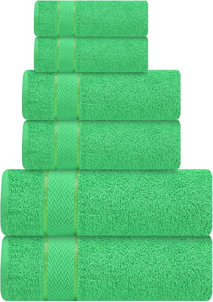 6 Piece 100% Cotton Bath Towel Set - 2 Bath - 2 Hand - 2 Face, Green | 100% Cotton • Thick & Plush • Hotel Quality • Ultra Soft • Highly Absorbent • Quick Dry • Low Lint • Machine Washable