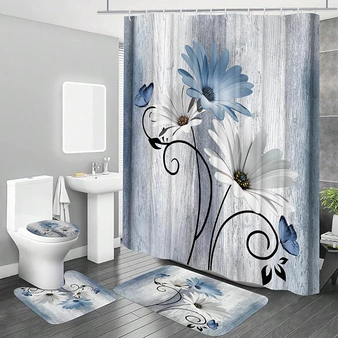 Onalasyc 4PCS Blue Daisy Floral Bathroom Sets with Shower Curtain and Rugs | Country Floral Butterfly Shower Curtain Set,Modern Bathroom Decor Shower Curtains Set with Rugs Toilet Lid Cover and 12 Hooks