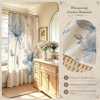 Litabel Farmhouse Blue Floral Linen Shower Curtain, Boho Vintage Spring Cotton Shower Curtains for Chic Elegant Bathroom Decor, Ink Painting Style Blossom Fabric Bath Curtain, 72 x 72
