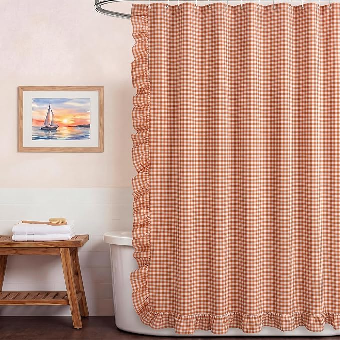 HunnmingRe Ruffled Gingham Shower Curtain Orange | 72'' x 72'' Vintage Farmhouse Curtain, Cotton Cottage Core Rural Checkered Plaid Decor, Fall Shower Curtain for Bathroom