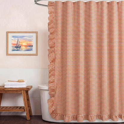 HunnmingRe Ruffled Gingham Shower Curtain Orange | 72'' x 72'' Vintage Farmhouse Curtain, Cotton Cottage Core Rural Checkered Plaid Decor, Fall Shower Curtain for Bathroom