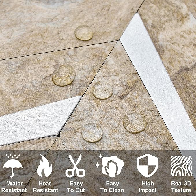 DICOFUN 10-Sheet Sandstone Look Herringbone Peel and Stick Backsplash for Kitchen, PVC Mixed Metal Gold Chevron Stick on Backsplash Wall Tiles