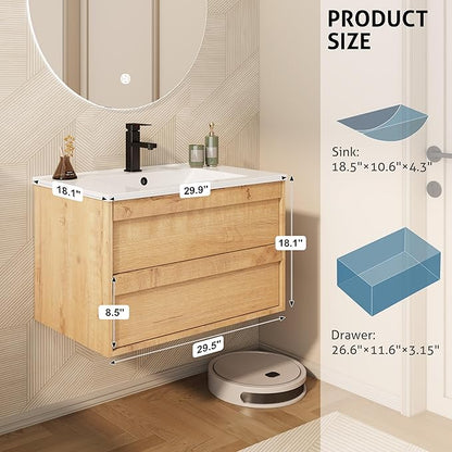 eclife 30" Floating Bathroom Vanity Sink Combo, Wall Mounted Modern Minimalist Storage Cabinet with 2 Drawers, Include Sink, Faucet & Drain, Natural