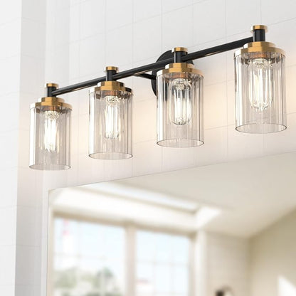 Bathroom Lighting Fixtures Black and Brass Bathroom Vanity Light with Cylindrical Clear Stripes Glass Lampshade E26 Socket Base Bathroom Lighting Fixtures Over Mirror (4 Lights)