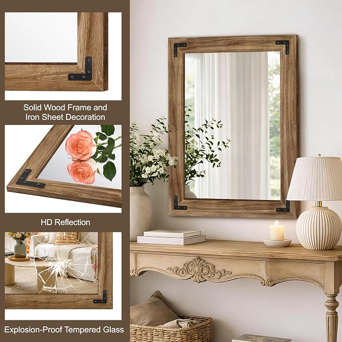 AMOISE Farmhouse Bathroom Vanity Mirror 32"x24" Vintage Rustic Wall Mirror | Wood Frame, Over Sink Mirror for Bathroom, Entryway, Bedroom, Living Room, Vertical or Horizontal Hanging