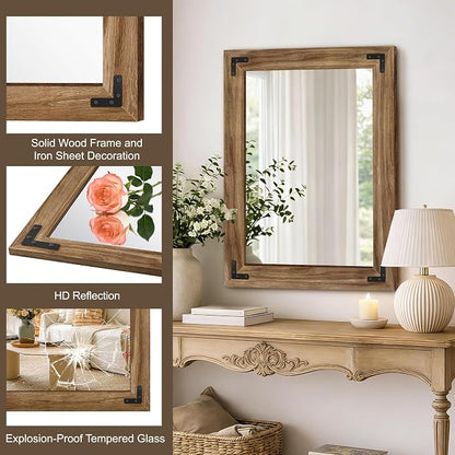 AMOISE Farmhouse Bathroom Vanity Mirror 32"x24" Vintage Rustic Wall Mirror | Wood Frame, Over Sink Mirror for Bathroom, Entryway, Bedroom, Living Room, Vertical or Horizontal Hanging