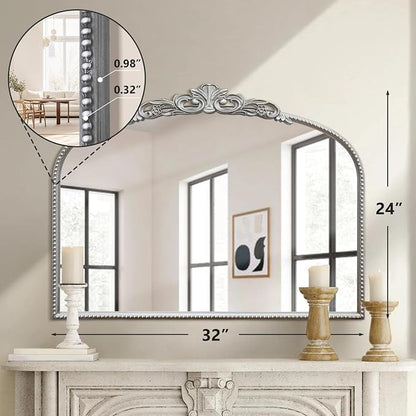 Micasso Vintage Silver Arched Mirror: 32"x24" Baroque Antique Vanity Mirror | Traditional Ornate French Decorative Wall Mirror for Bedroom/Bathroom/Entryway/Hallway/Dresser/Mantel/Nightstand/Over Sink