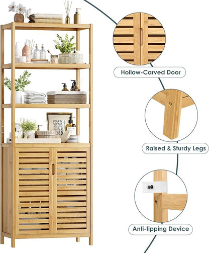 66" Tall Bathroom Storage Cabinet, Natural Bamboo Cabinet, for Narrow | Bathroom Floor Cabinet with 2 Doors & 4-Tier Open Shelves, Corner Freestanding Organizer Unit for Bath, Living Room, Entryway