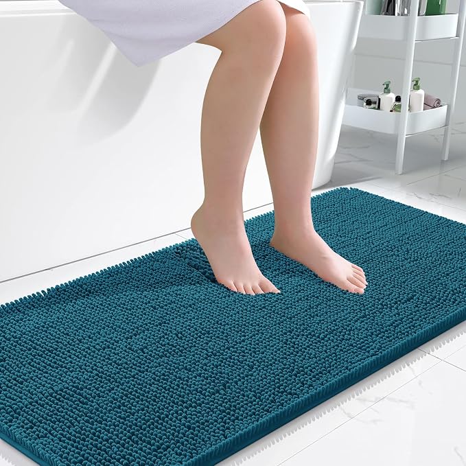 OLANLY Bathroom Runner Rugs 47x24, Extra Soft Absorbent Chenille Bath Rugs | Peacock Blue, Quick-Drying Rubber Backing, Washable Long Bath Mat for Bathroom Floor, Tub and Shower, Home Decor Accessories