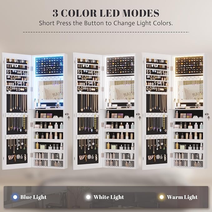 Vlsrka 47.2" LED Jewelry Cabinet, Wall Mounted Jewelry Mirror Organizer | Over the Door Hanging Jewelry Armoire Organizer, large Lockable Full Length Mirror with Jewelry Storage for Women, White
