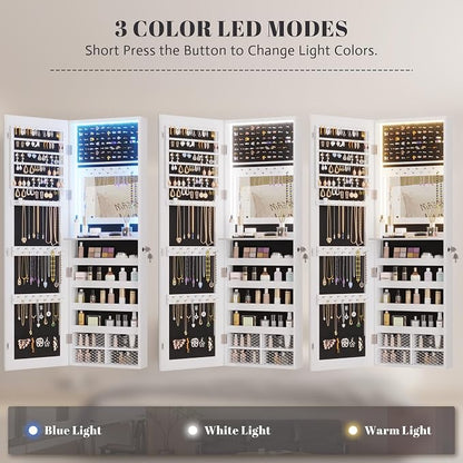 Vlsrka 47.2" LED Jewelry Cabinet, Wall Mounted Jewelry Mirror Organizer | Over the Door Hanging Jewelry Armoire Organizer, large Lockable Full Length Mirror with Jewelry Storage for Women, White