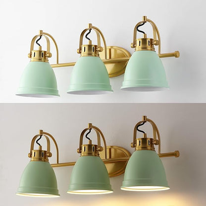 JONATHAN Y 25.5" Mint Green/Brass Gold 3-Light LED Vanity Light, Adjustable Wall Sconce for Bathroom Mirror, Farmhouse Bohemian Kitchen Light, Iron Black Bell Shade (JYL1116D)