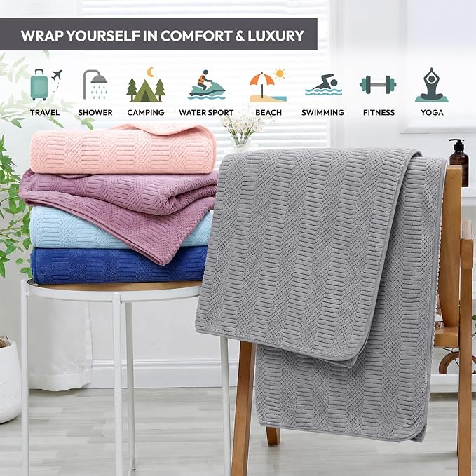 JML Microfiber Bath Towels, 2 Pack, 27x55 in, Gray | Soft, Super Absorbent, Quick Dry, Lint-Free, Lightweight Bathroom Towel with Hanging Loop for Daily Use