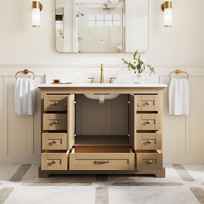 WELLFOR 48" Bathroom Vanity with Sink, Bathroom Freestanding Vanity W/ 2 Soft-Close Doors and 9 Soft-Close Drawers, Bathroom Cabinet Vanity with Cultured Marble Countertop (Oak)