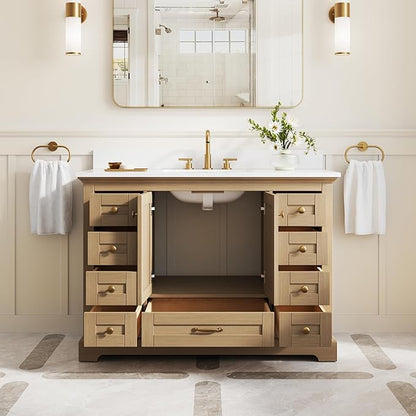 WELLFOR 48" Bathroom Vanity with Sink, Bathroom Freestanding Vanity W/ 2 Soft-Close Doors and 9 Soft-Close Drawers, Bathroom Cabinet Vanity with Cultured Marble Countertop (Oak)