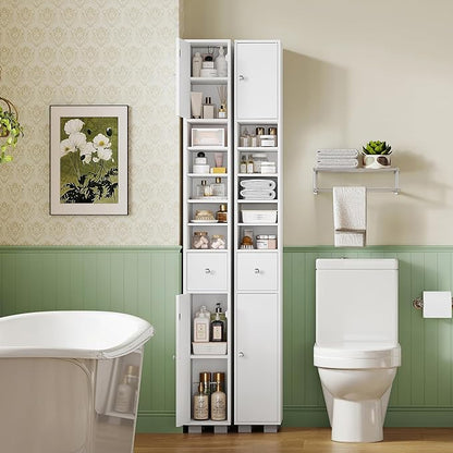 TEENFON Bathroom Cabinet, Narrow Bathroom Storage Cabinet with 5 Adjustable Shelves & Drawer, Freestanding Cupboard for Small Spaces, White