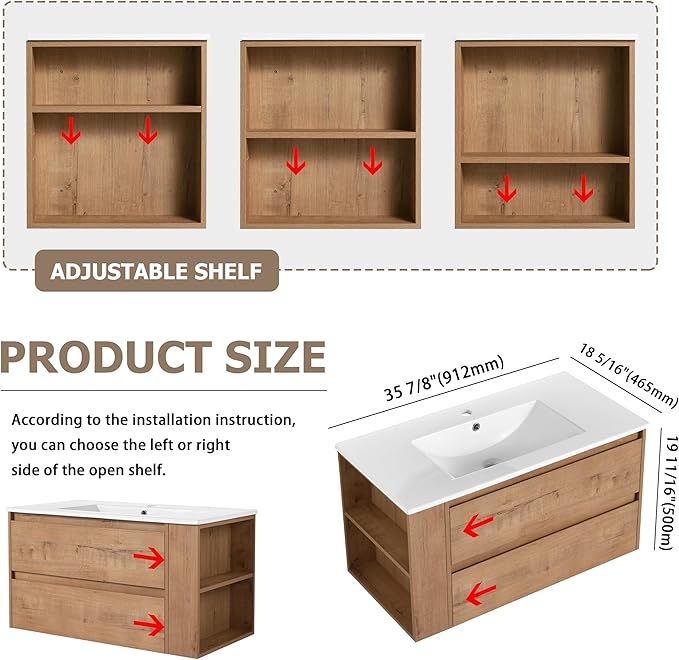 Henf 36" Wall Mounted Bathroom Vanity with Ceramic Sink, Modern Floating Oak Bathroom Vanity Cabinet with 2 Soft Close Drawers & Open Storage Shelf
