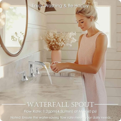 Chrome Modern Bathroom Faucet Waterfall 4-8 Inch 3 Hole Bathroom Sink Faucet Widespread with Pop-up Drain and cUPC Supply Line, 2 Handle for Vanity, Lavatory, Restroom, Apartment, Brass Material