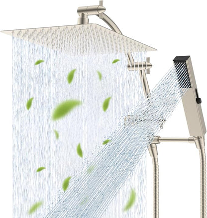 Hibbent All Metal CUPC Certified 12'' Rainfall Shower Head, Dual Shower Head Combo, High Pressure Handheld 4 Sprays Shower Wand, 16'' Adjustable Extension Arm, 71'' Hose, Shower Holder, Brushed Nickel