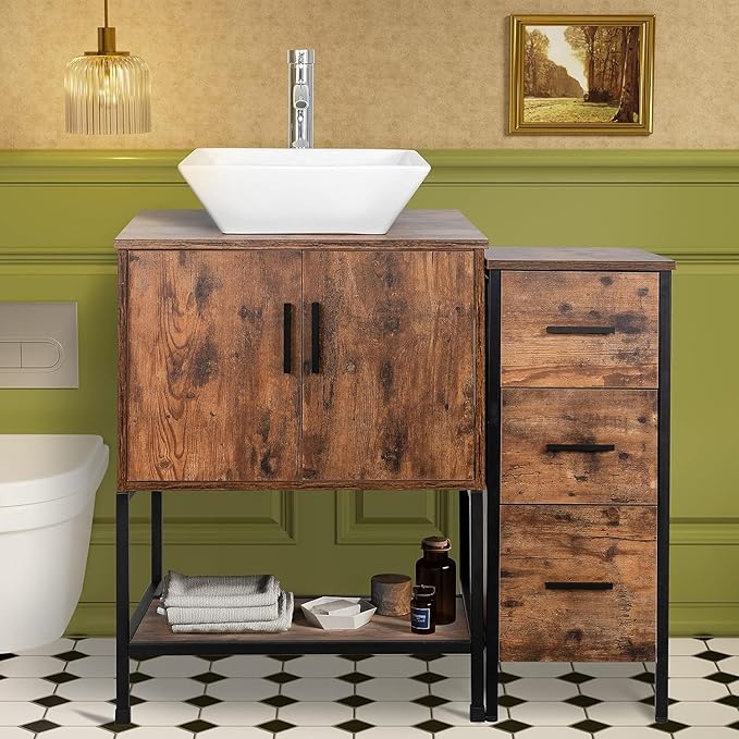 UEV 36" Antique Bathroom Vanity, Dark Brown Bathroom Vanity Set with Sink and 3 Drawers Side Cabinet Combo, Iron Wood Bathroom Cabinet with Adjustable Water Temperature Faucet (A07)