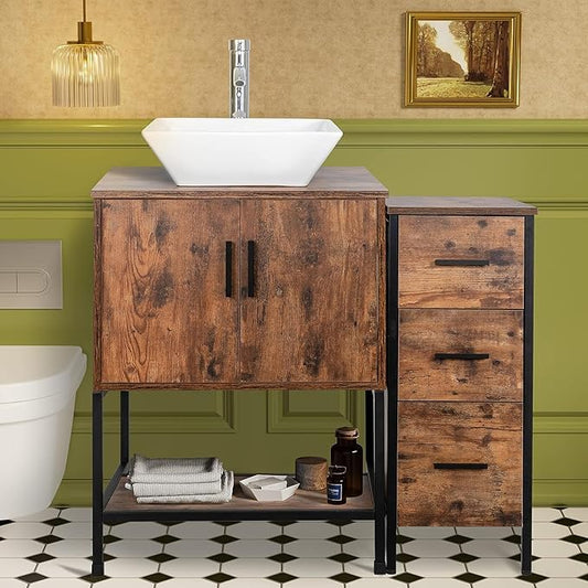 UEV 36" Antique Bathroom Vanity, Dark Brown Bathroom Vanity Set with Sink and 3 Drawers Side Cabinet Combo, Iron Wood Bathroom Cabinet with Adjustable Water Temperature Faucet (A07)