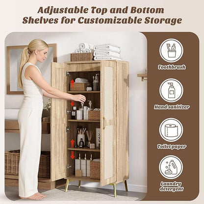 JASIWAY Tall Bathroom Storage Cabinet with Doors and Shelves, 57" Linen Floor Storage Cabinet for Laundry Entryway, Wood Freestanding Pantry with Metal Handle, Adjustable Shelves, Anti-Tipping Device