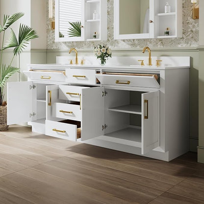 80-Inch Bathroom Vanity with Double Sinks W/ 4 Doors & 4 Drawers & 2 Flip Drawers, White Vanity W/Brushed Gold Handles