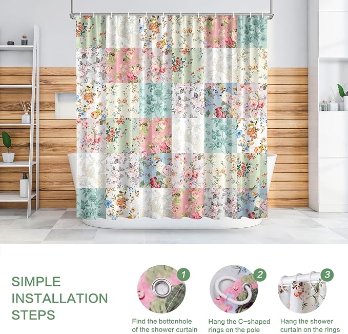 Boho Shower Curtain Patchwork Floral, Vintage Flowers Shower Curtain for Bathroom, Retro Shabby Chic Cottagecore Floral Shower Curtains Polyester Waterproof Farmhouse Decor Bath Curtains