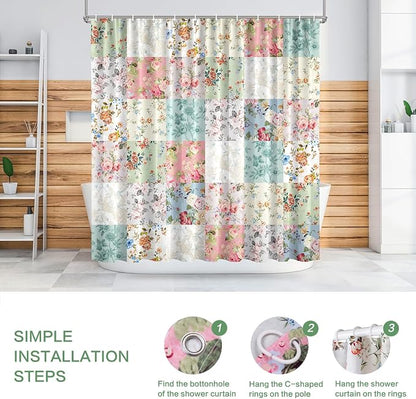 Boho Shower Curtain Patchwork Floral, Vintage Flowers Shower Curtain for Bathroom, Retro Shabby Chic Cottagecore Floral Shower Curtains Polyester Waterproof Farmhouse Decor Bath Curtains