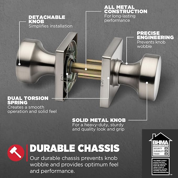 Kwikset Pismo Interior Passage Door Knob,Handle for Closet and Hallway Doors,Non-Locking Doorknob in Satin Nickel,with Microban Protection,(Pack of 4)