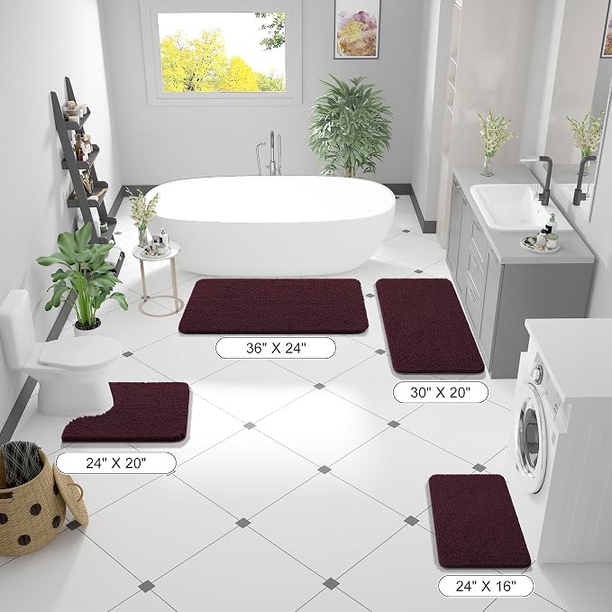 OLANLY Bathroom Runner Rugs 44x24, Soft Absorbent Chenille Bath Rugs, Rubber Backing Quick Dry, Machine Washable Long Bath Mats for Bathroom Floor, Tub and Shower, Home Decor Accessories, Black Cherry | Black Cherry, Quick-Drying Rubber Backing, Washab...