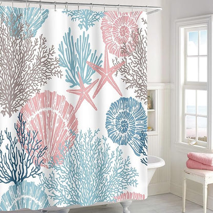 Small Stall Shower Curtain 36 x 72 Inch, Half Narrow Blue Pink Nautical Coastal, Summer Tropical Seashell Starfish Coral Beach Ocean Themed for Bathroom Decor