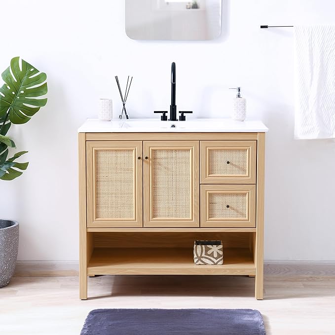 JONATHAN Y VAN1025A Jasper 36 in. W x 18 in. D x 33 in. H Rattan Modern Coastal 2-Shelf Bathroom Vanity Cabinet Only with Soft Closing Doors (Sink Basin Not Included), Oak