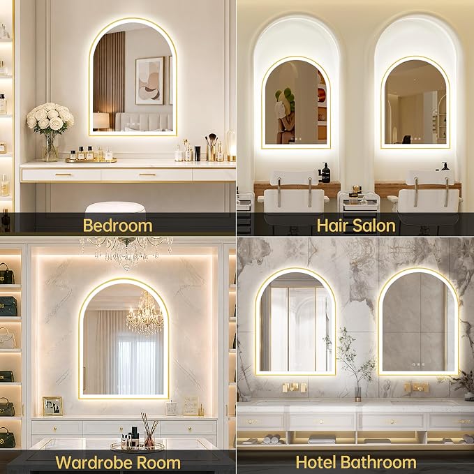 24"x32" Arched LED Lighted Bathroom Mirror with Lights | Gold Aluminum Frame, Fogless, Dimmable, Shatterproof, Touch Sensor, 3 Color Changing