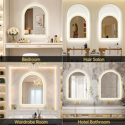 24"x32" Arched LED Lighted Bathroom Mirror with Lights | Gold Aluminum Frame, Fogless, Dimmable, Shatterproof, Touch Sensor, 3 Color Changing
