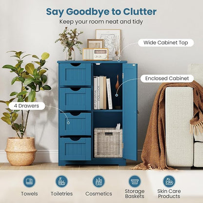 Giantex Bathroom Cabinet, Freestanding Storage Cabinet with 1 Door & 4 Drawers, 3-Level Adjustable Shelf, Anti-toppling System, Modern Storage Organizer for Bathroom, Living Room, Kitchen (Blue)