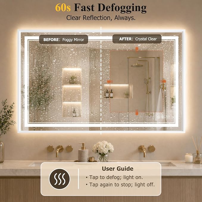 30"x48" LED Bathroom Mirror with Lights, Backlit + Front Lit, Anti-Fog | Lighted Bathroom Mirror with One-Piece Aluminum Alloy Frame, HD Shatterproof Tempered Glass, Dimmable, Memory Function