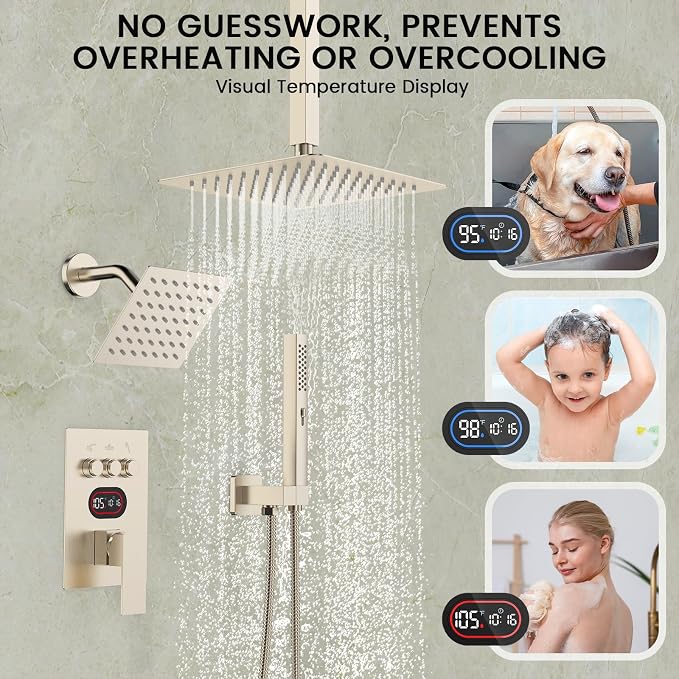Longriver 3-Push Button Shower Faucet Set Hydro Power Temperature Display | Shower System Ceiling Mounted 10" & Wall Mounted 6" Shower Head with 3-Spary Handheld, Brushed Nickel