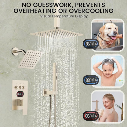 Longriver 3-Push Button Shower Faucet Set Hydro Power Temperature Display | Shower System Ceiling Mounted 10" & Wall Mounted 6" Shower Head with 3-Spary Handheld, Brushed Nickel