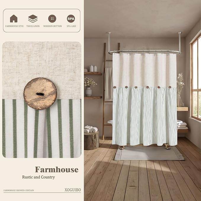 Farmhouse Shower Curtain Linen Button Green Stripe 72" W x 84" L | Farmhouse Style, Chic Button, Striped, Linen Fabric, Rustic, Country, Natural Look, Washable, for Bathroom Bathtub