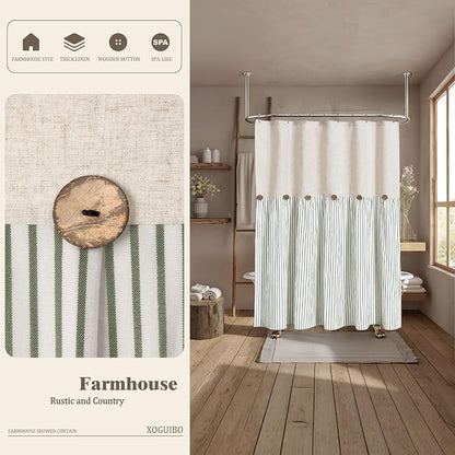 Farmhouse Shower Curtain Linen Button Green Stripe 72" W x 84" L | Farmhouse Style, Chic Button, Striped, Linen Fabric, Rustic, Country, Natural Look, Washable, for Bathroom Bathtub