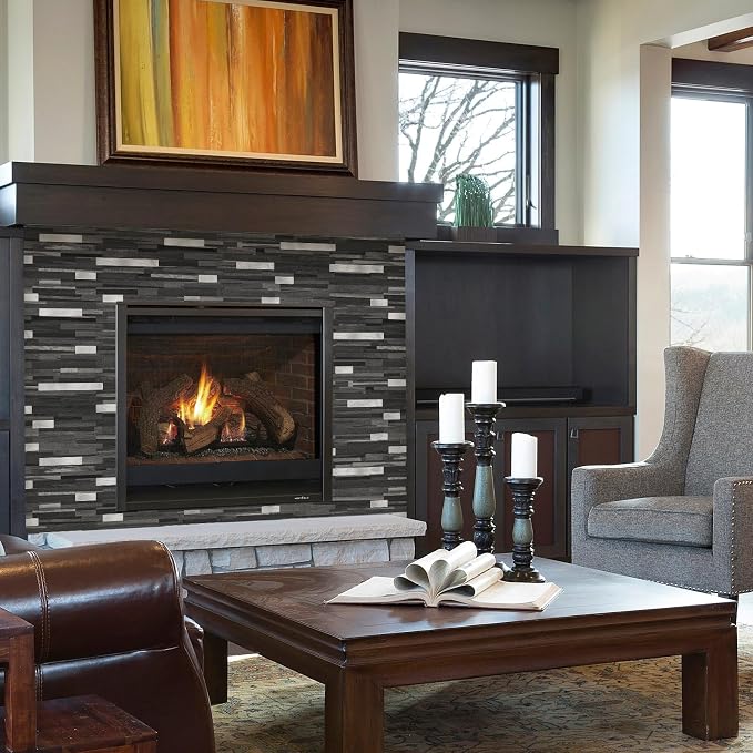 STICKGOO 20 Sheets Peel and Stick Backsplash Tile, Stick on Backsplash for Kitchen and Bathroom, Black Grey Wood Look PVC Mixed Metal Silver Self Adhesive Wall Tiles