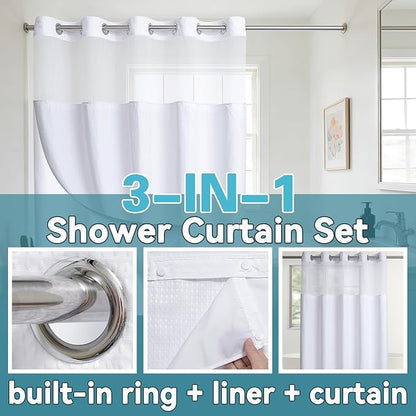 Conbo Mio No Hook Waffle Weave Shower Curtain with Snap in Liner Set, Hotel Luxury White Shower Curtains for Bathroom with See Through Top Window, Waterproof, Washable 71W x 74H