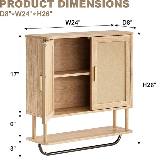 Rattan Bathroom Wall Cabinet with Towel Bar, Wall-Mounted Medicine Cabinet with Adjustable Wood Shelf & Doors, Over The Toilet Storage Cabinet for Laundry Room & Kitchen & Living Room