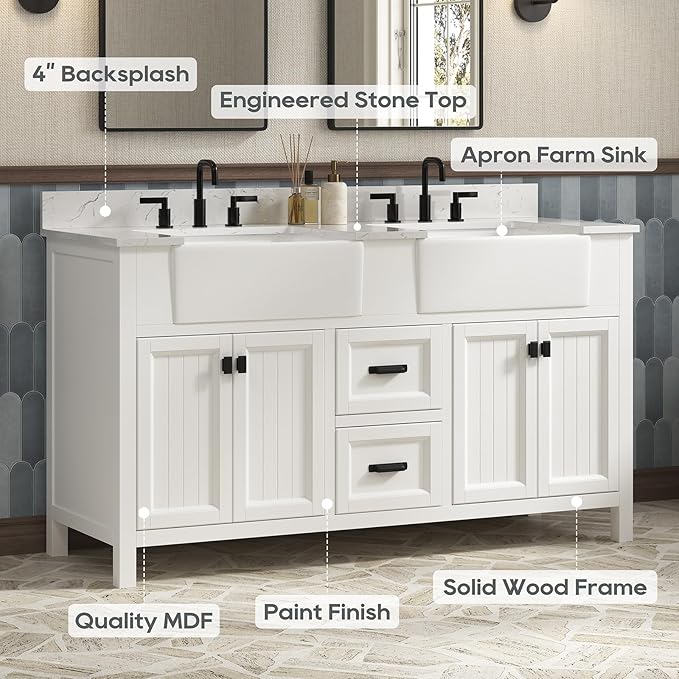 60 Inch Bathroom Vanity with Double Sink, Farmhouse Bathroom Vanity Cabinet with Soft Closing Doors & Dovetail Drawers, Vanity for Bathroom, Adjustable Feets, Apron Farm Sink, White