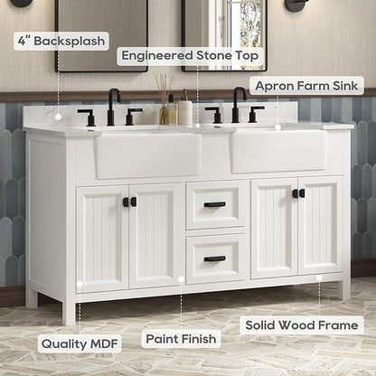 60 Inch Bathroom Vanity with Double Sink, Farmhouse Bathroom Vanity Cabinet with Soft Closing Doors & Dovetail Drawers, Vanity for Bathroom, Adjustable Feets, Apron Farm Sink, White