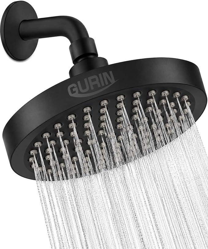 GURIN Shower Head - Luxury Matte Black Finish - Rain Showerhead 6 Inch | High Pressure Shower Heads with Adjustable Angles, 90 Anti-Clog Nozzles, Tool-Free 1-Min Install