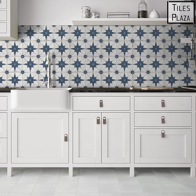The Tiles Plaza Encaustic Peel and Stick Backsplash, Blue Star Patterned Vintage Stick on Tiles, Stone Composite Self-Adhesive Wall Tile Sticker for Kitchen Bathroom Fireplace Stairs, 10 Sheets
