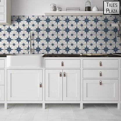The Tiles Plaza Encaustic Peel and Stick Backsplash, Blue Star Patterned Vintage Stick on Tiles, Stone Composite Self-Adhesive Wall Tile Sticker for Kitchen Bathroom Fireplace Stairs, 10 Sheets